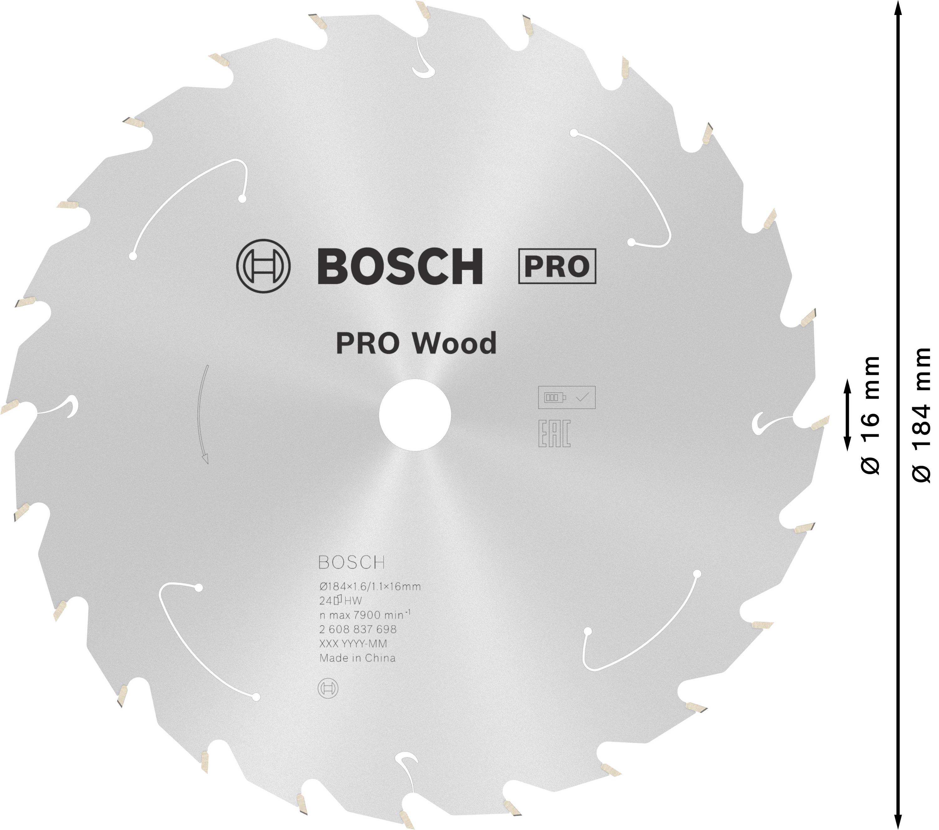 Bosch Accessories 2608837698 Hartmetall Kreissägeblatt 184 x 16mm Zähneanzahl: 24 1St.