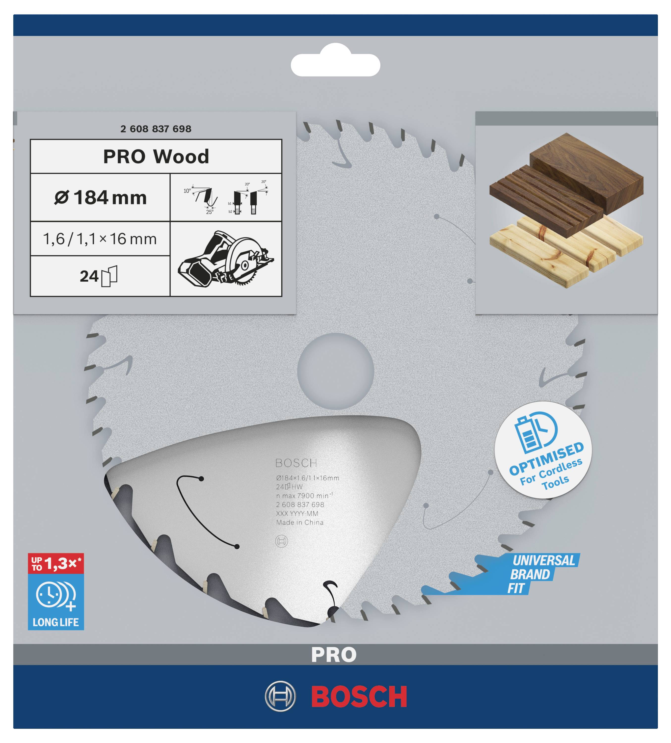Bosch Accessories 2608837698 Hartmetall Kreissägeblatt 184 x 16mm Zähneanzahl: 24 1St.