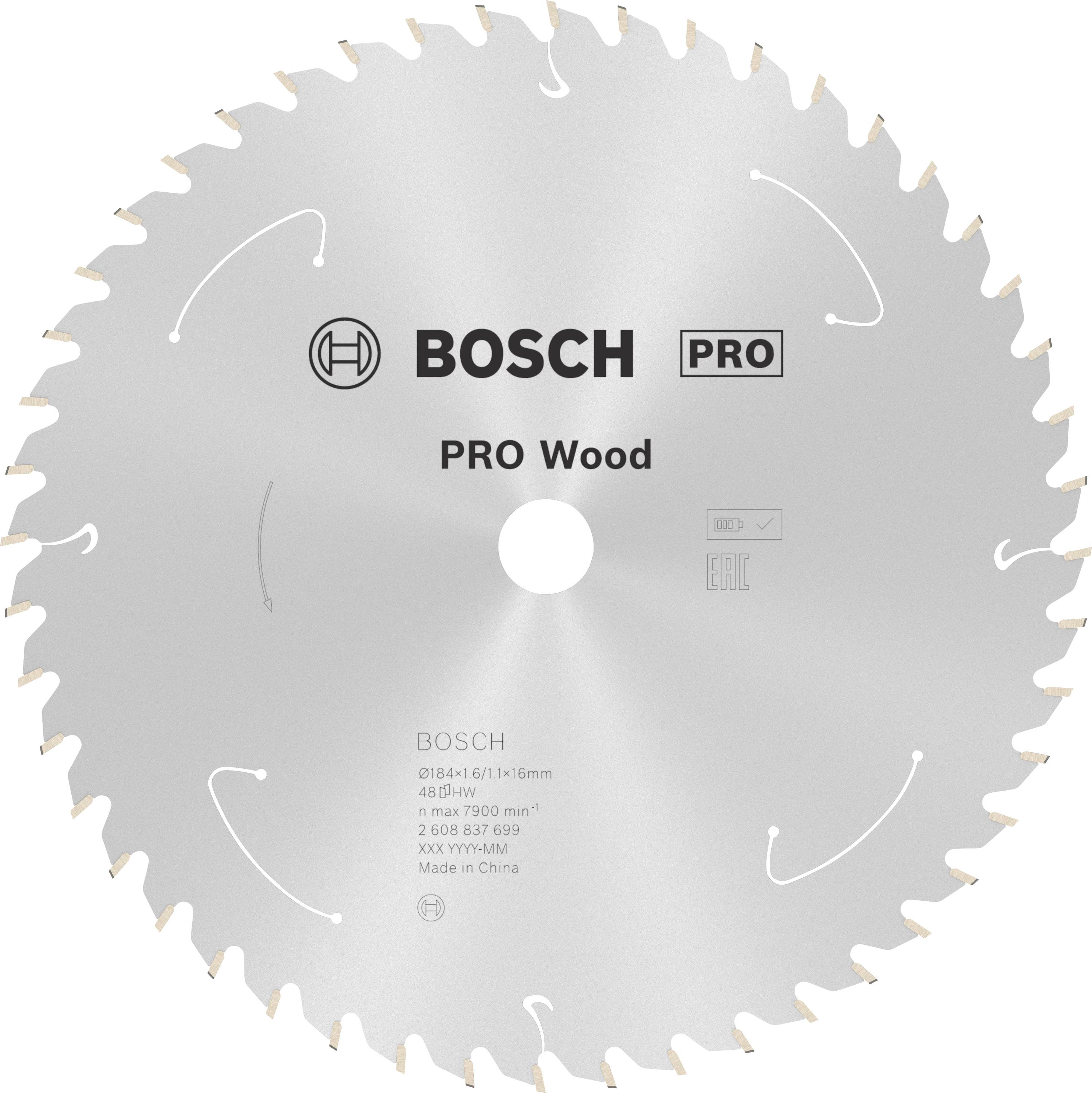 Kreissägeblatt von Bosch, gekennzeichnet für 'PRO Wood'. Geeignet für Holzarbeiten, Durchmesser und technische Spezifikationen angegeben.