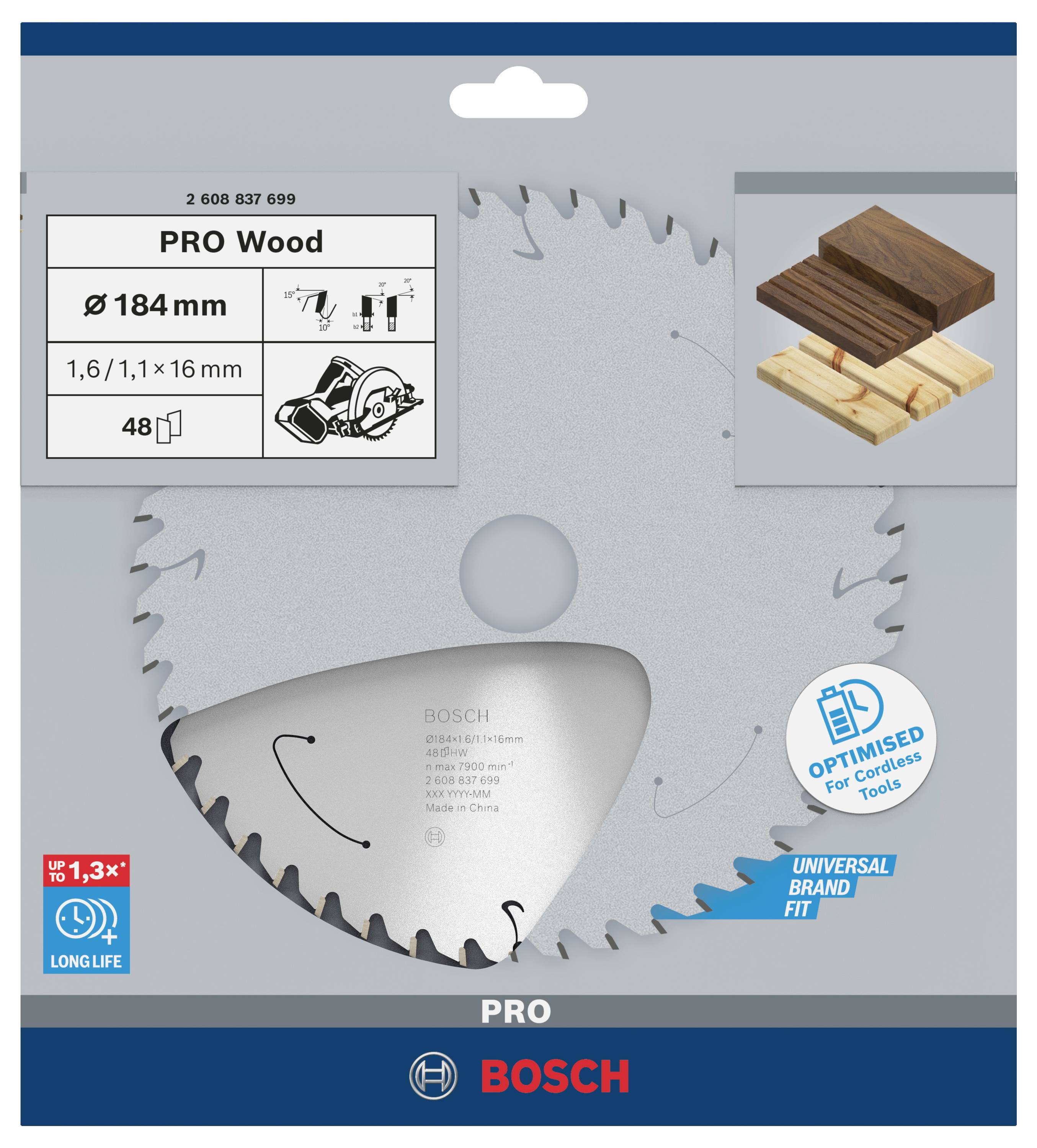 Bosch Accessories 2608837699 Hartmetall Kreissägeblatt 184 x 16mm Zähneanzahl: 48 1St.