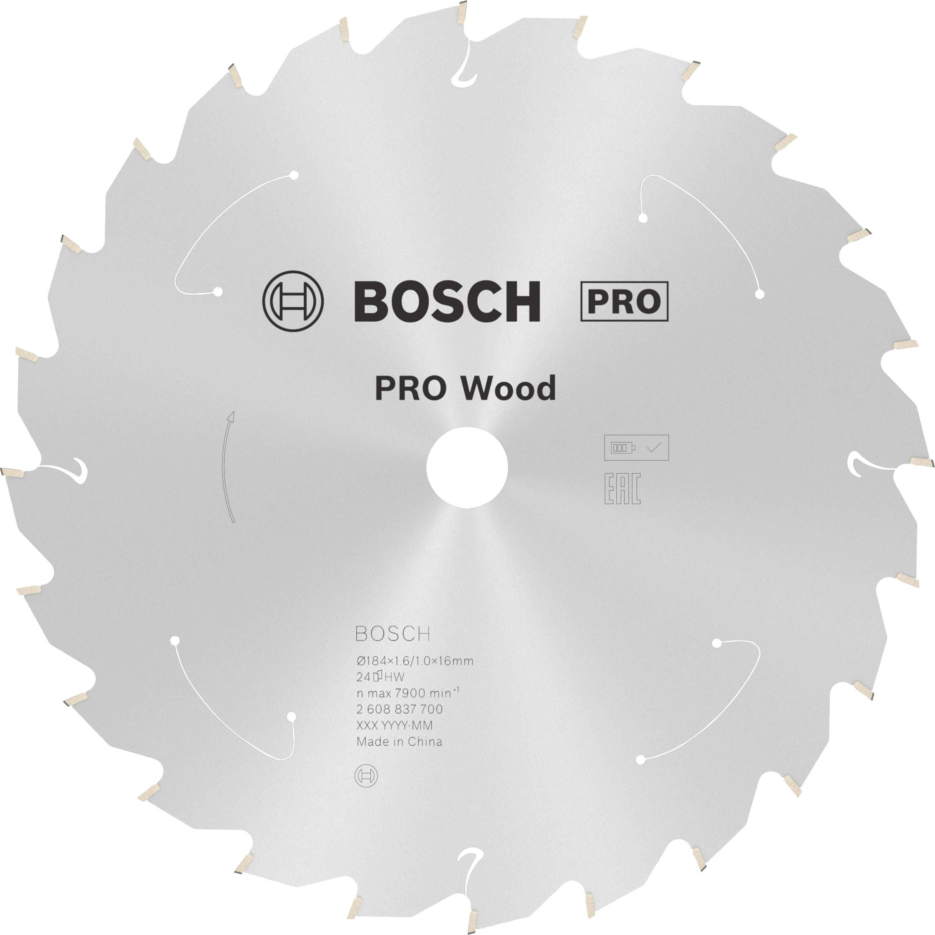 Kreissägeblatt mit der Aufschrift 'BOSCH PRO Wood'. Entwickelt für Holzschnitt. Details über Größe, Typ und Hersteller sind enthalten.
