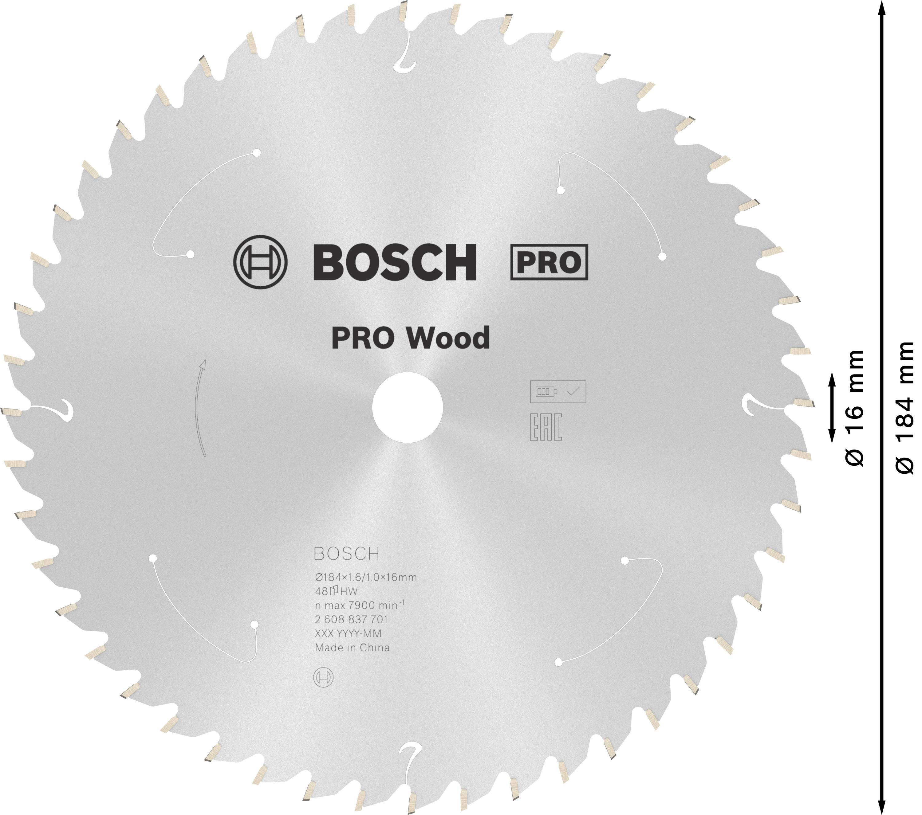 Kreissägeblatt der Marke Bosch mit 'PRO Wood'-Aufschrift, speziell für Holzarbeiten, Durchmesser 184 mm, Bohrung 16 mm.