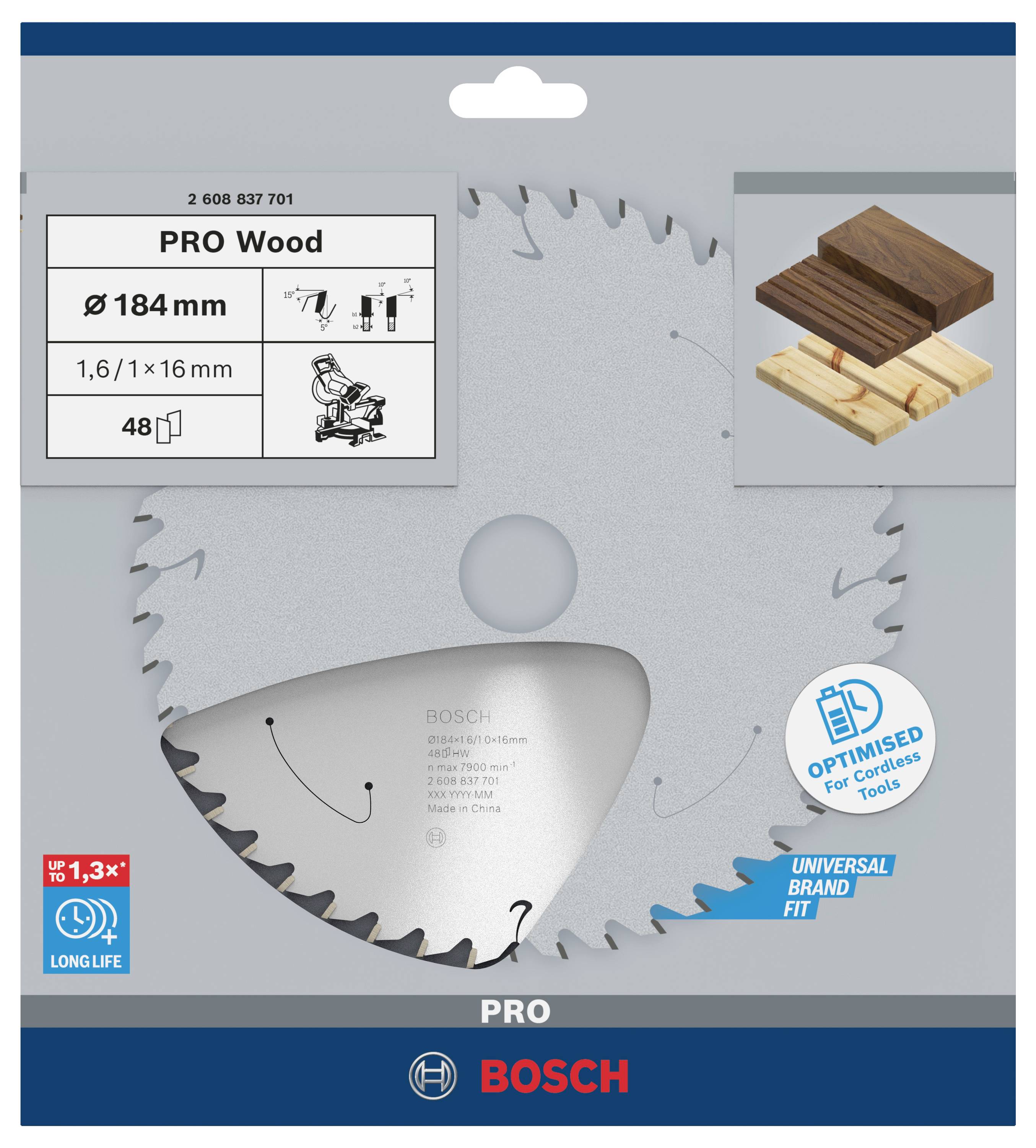 Kreissägeblatt von Bosch für Holz, Durchmesser 184 mm, geeignet für akkubetriebene Werkzeuge. Darstellung mit Holzstücken.