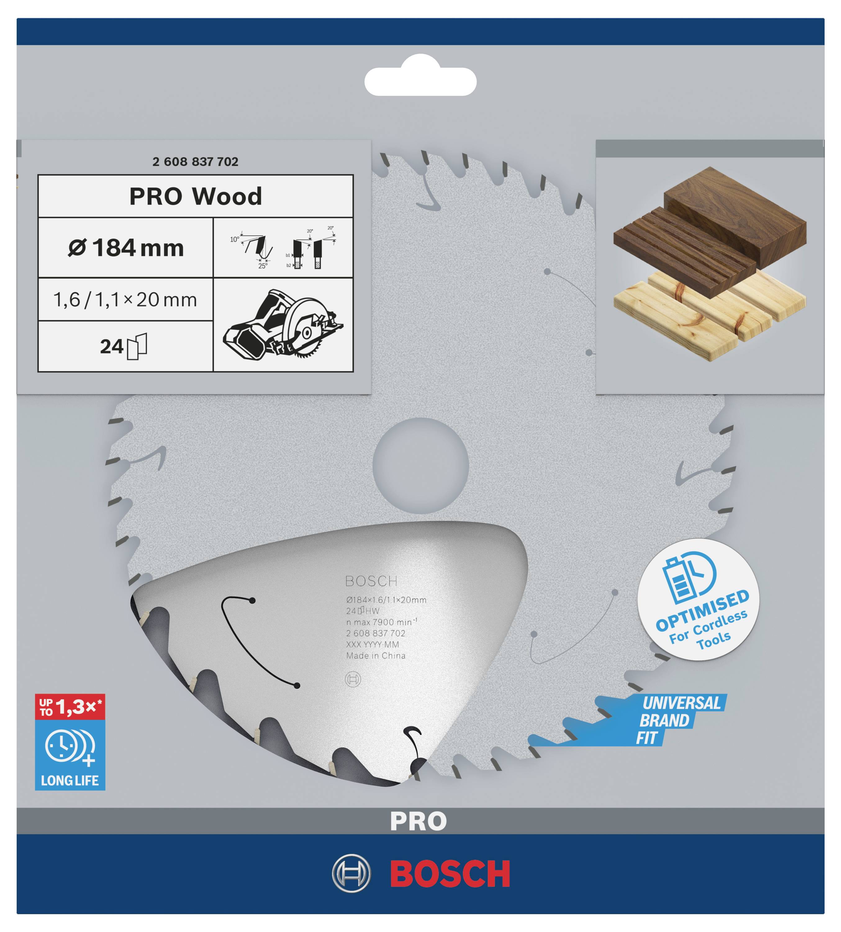 Sägeblatt für Holz mit 184 mm Durchmesser, geeignet für kabellose Werkzeuge. Beinhaltet 24 Zähne, optimiert für lange Lebensdauer.