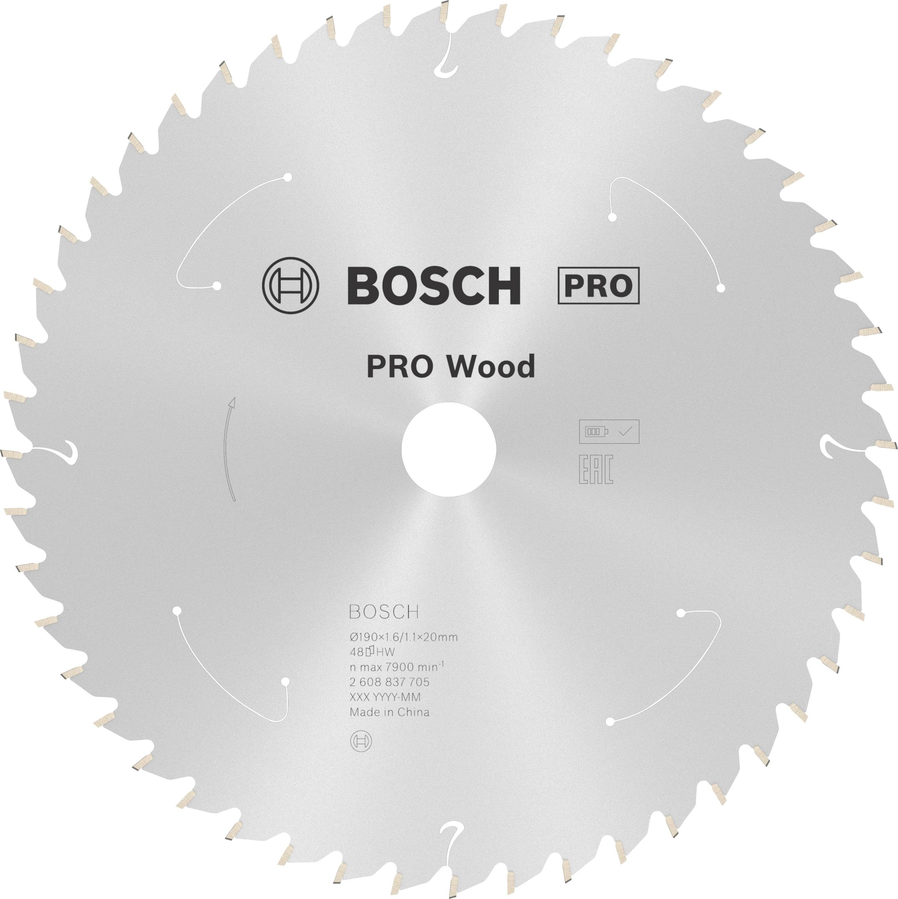 Kreissägeblatt mit Aufschrift 'BOSCH PRO Wood' und technischen Spezifikationen. Silberne Zähne rund um den Rand.