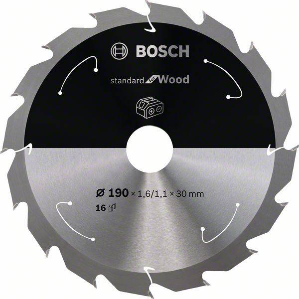 Rundes Sägeblatt für Holz mit Bosch-Logo, Durchmesser 190 mm, 16 Zähne, geeignet für präzise Schnitte.
