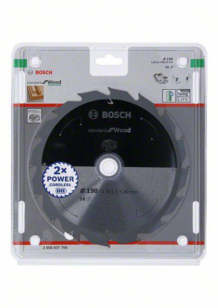 Sägeblatt in Verpackung, Marke Bosch, geeignet für Holzarbeiten. Durchmesser: 190 mm. Hinweise auf lange Lebensdauer und kabellose Nutzung.