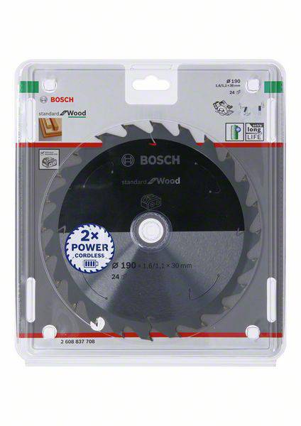 Verpacktes Bosch Sägeblatt für Holz, 24 Zähne, 190 mm Durchmesser. Geeignet für kabellose Sägen.