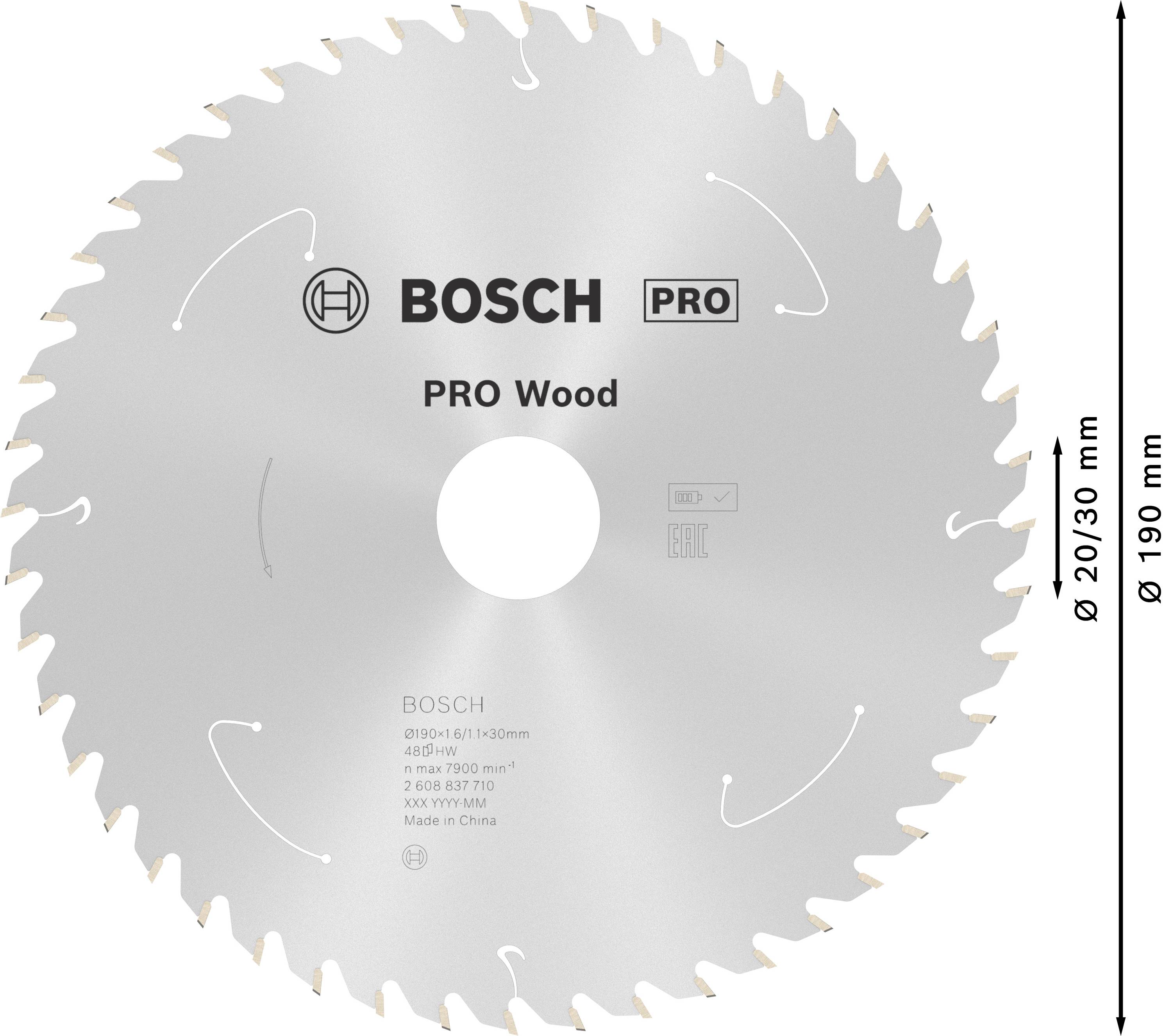 Sägeblatt 'Bosch PRO Wood', Durchmesser 190 mm, 20/30 mm Bohrung, 48 Zähne, für Holzbearbeitung.