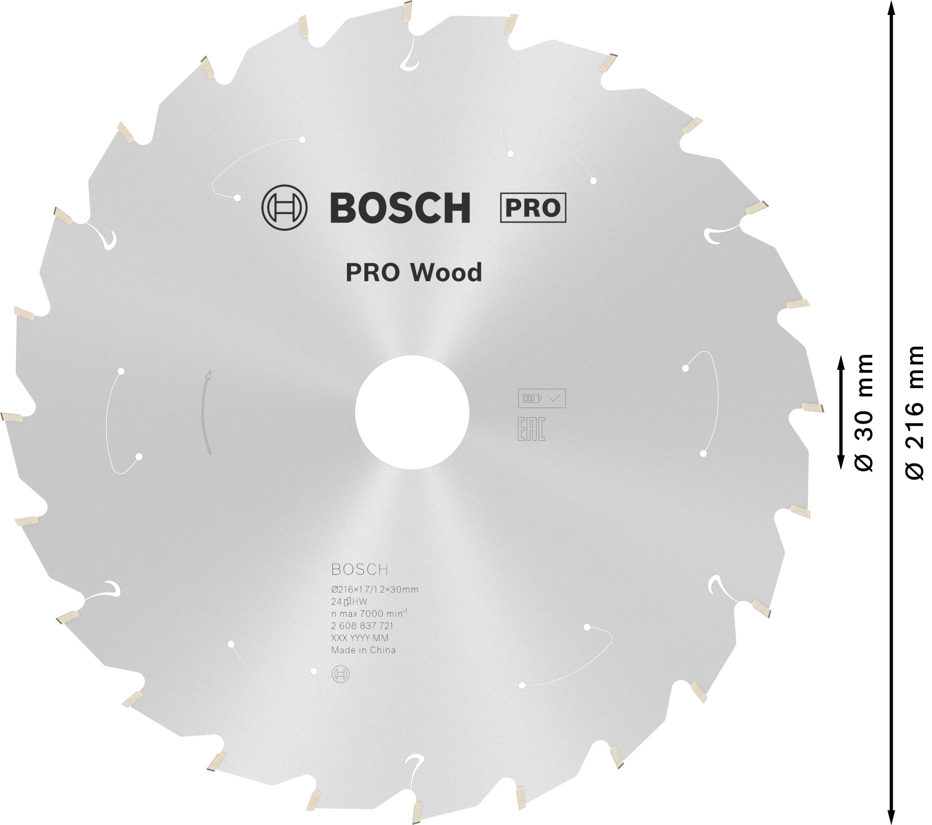 Kreissägeblatt mit 24 Zähnen für Holz, 'Bosch PRO Wood', Durchmesser 216 mm, Bohrung 30 mm, Umfang mit Bosch-Logo.
