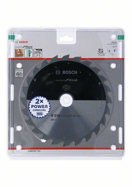 Sägeblatt für Holz, Marke Bosch, Durchmesser 216 mm, 24 Zähne, geeignet für kabellose Geräte. Verpackung mit Produktinformationen.