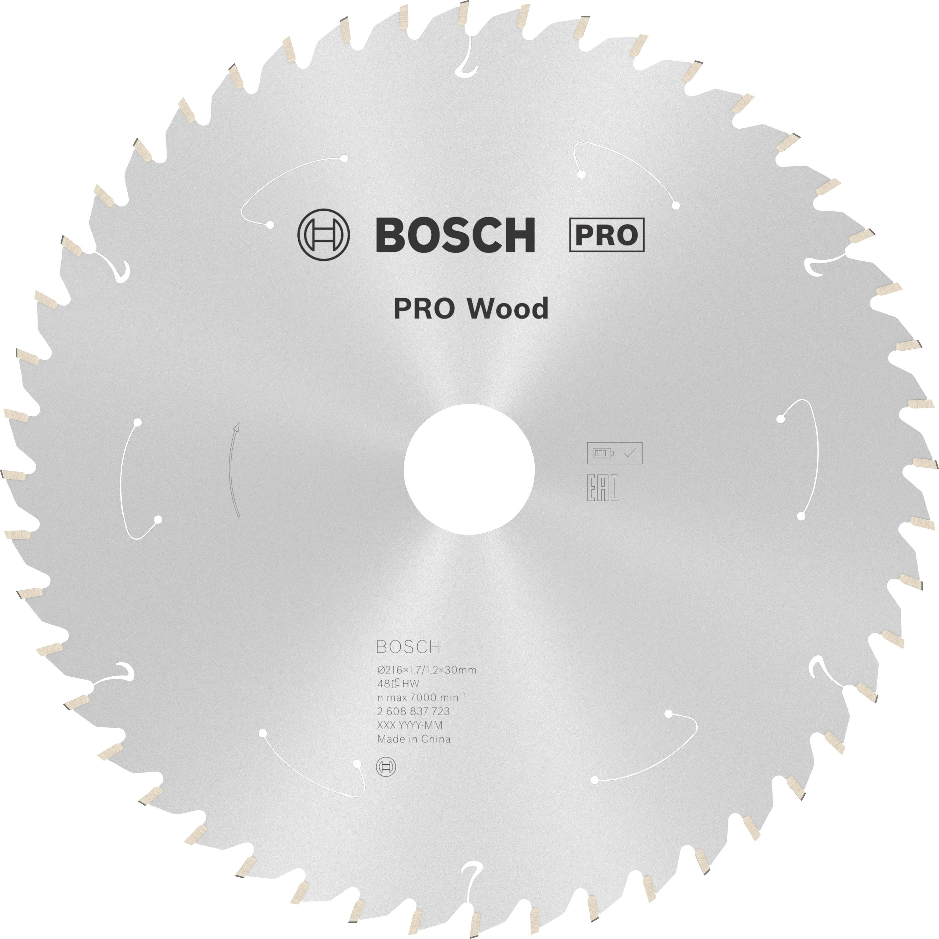 Kreissägeblatt mit Aufschrift 'BOSCH PRO Wood', Durchmesser 230 mm, 48 Zähne, für Holz geeignet, Hergestellt in China.