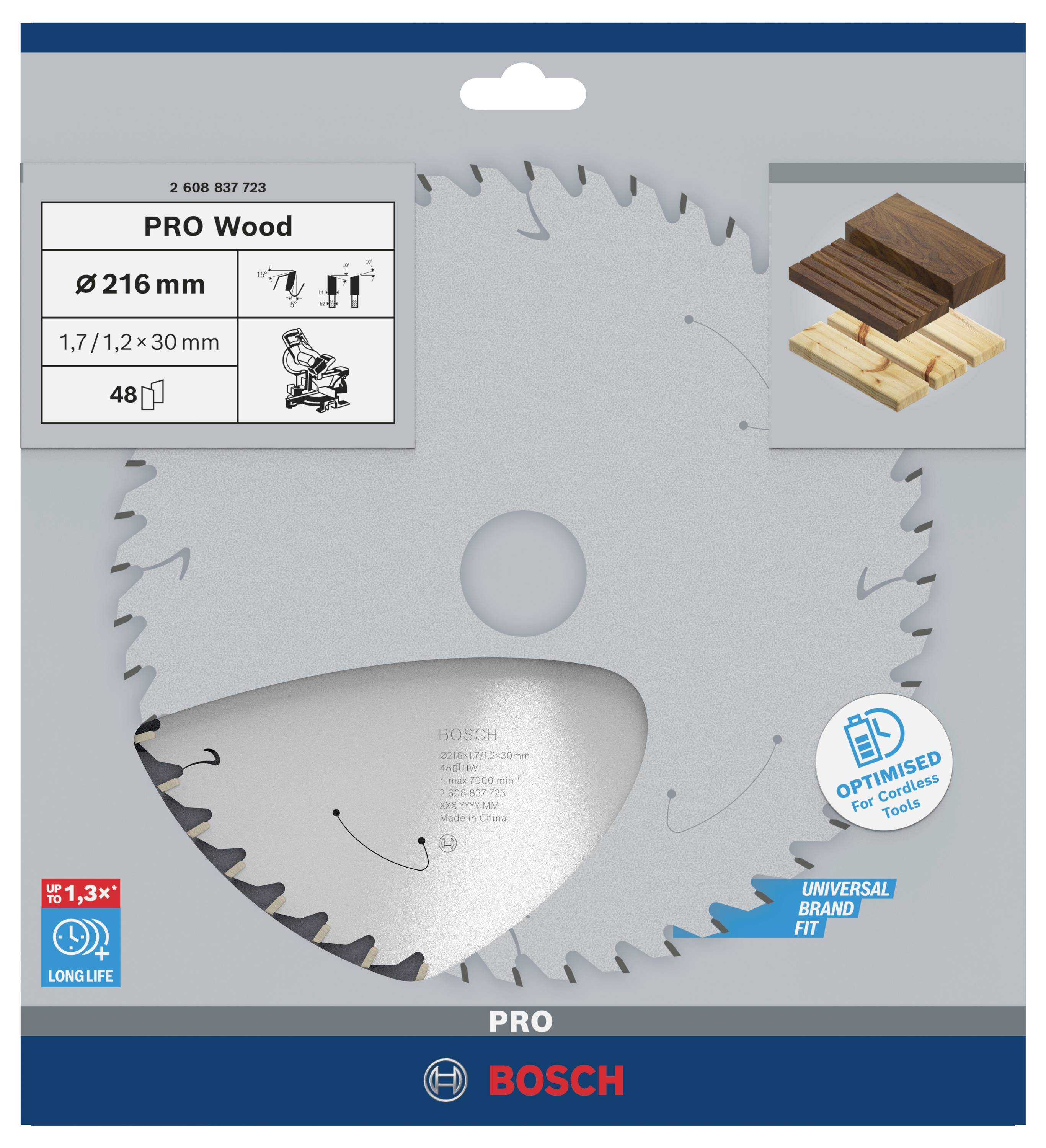 Bosch Sägeblatt PRO Wood, Durchmesser 216 mm, 48 Zähne, geeignet für Holz.