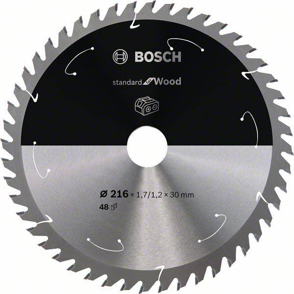 Sägeblatt für Holz von Bosch. Durchmesser: 216 mm, Schnittbreite: 1,7 mm, Bohrung: 30 mm, 48 Zähne. Geeignet für Holzarbeiten.
