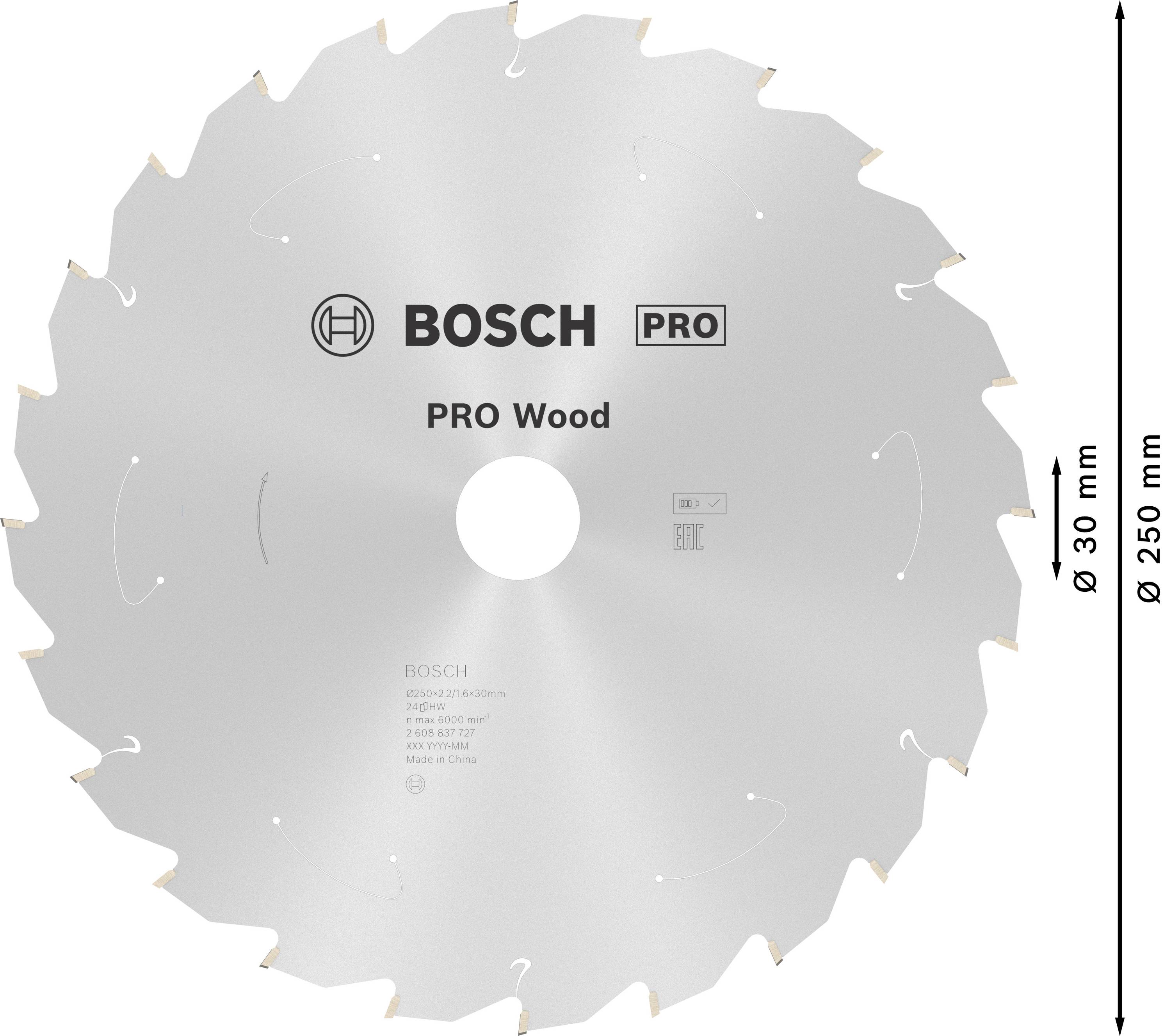 Kreissägeblatt von Bosch für Holz, Durchmesser 250 mm, Bohrung 30 mm, zeigt Markenname und Produkttyp 'PRO Wood'.