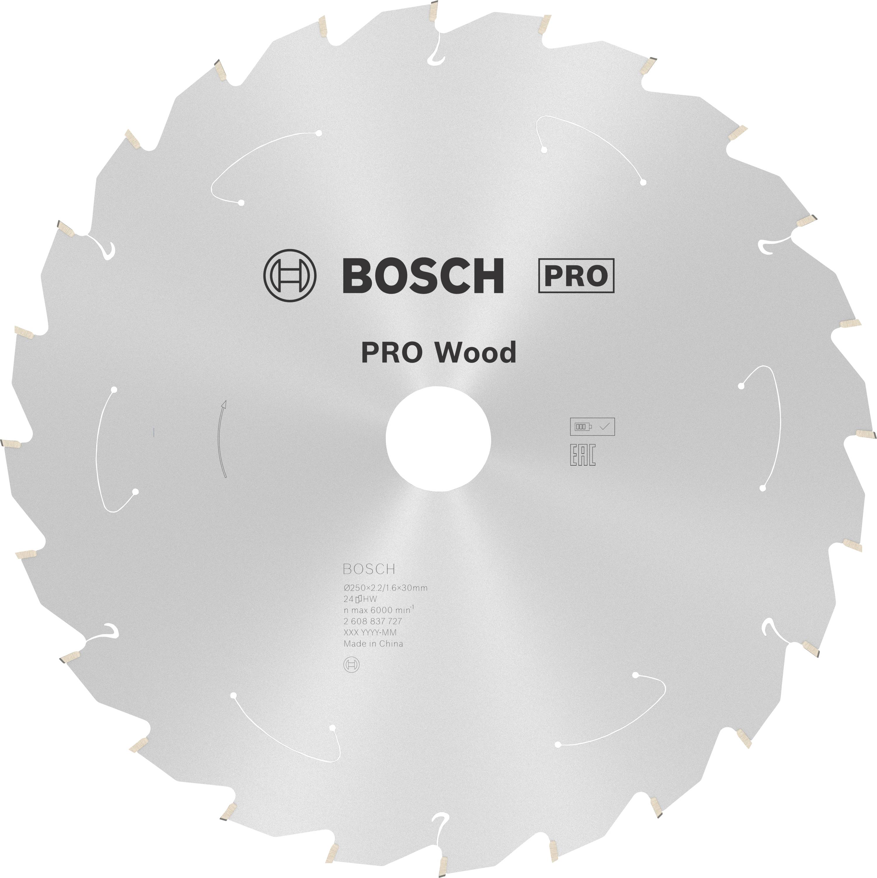 Bild einer runden Sägeblatt, beschriftet mit 'BOSCH PRO Wood', geeignet für Holzarbeiten.