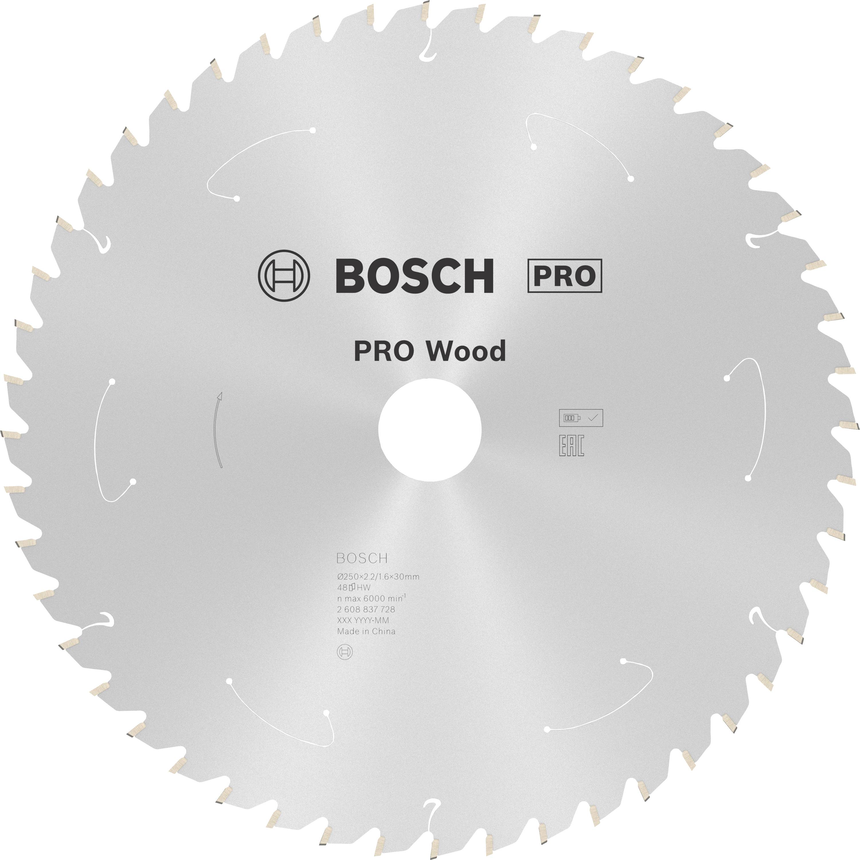 Kreissägeblatt von Bosch, geeignet für Holz. Silberne Farbe mit Markenlogo und Produktdetails in der Mitte.