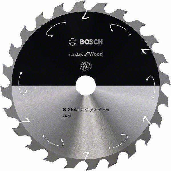 Kreissägeblatt von Bosch, 254 mm Durchmesser, geeignet für Standardholz. Abgebildet mit Markennamen und Produktspezifikationen.