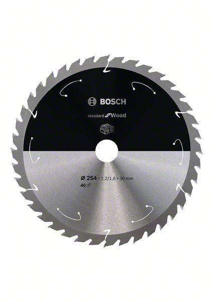 Kreissägeblatt mit 40 Zähnen für Holz. Aufschrift 'BOSCH standard for Wood, Ø 254 x 2,2/1,6 x 30 mm'.