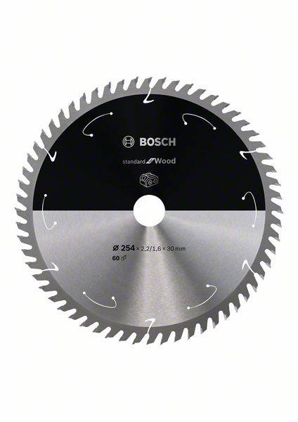 Ein silbernes Sägeblatt mit gezackten Kanten und schwarzem Aufdruck 'BOSCH standard for Wood', Durchmesser: 254 mm, 60 Zähne.