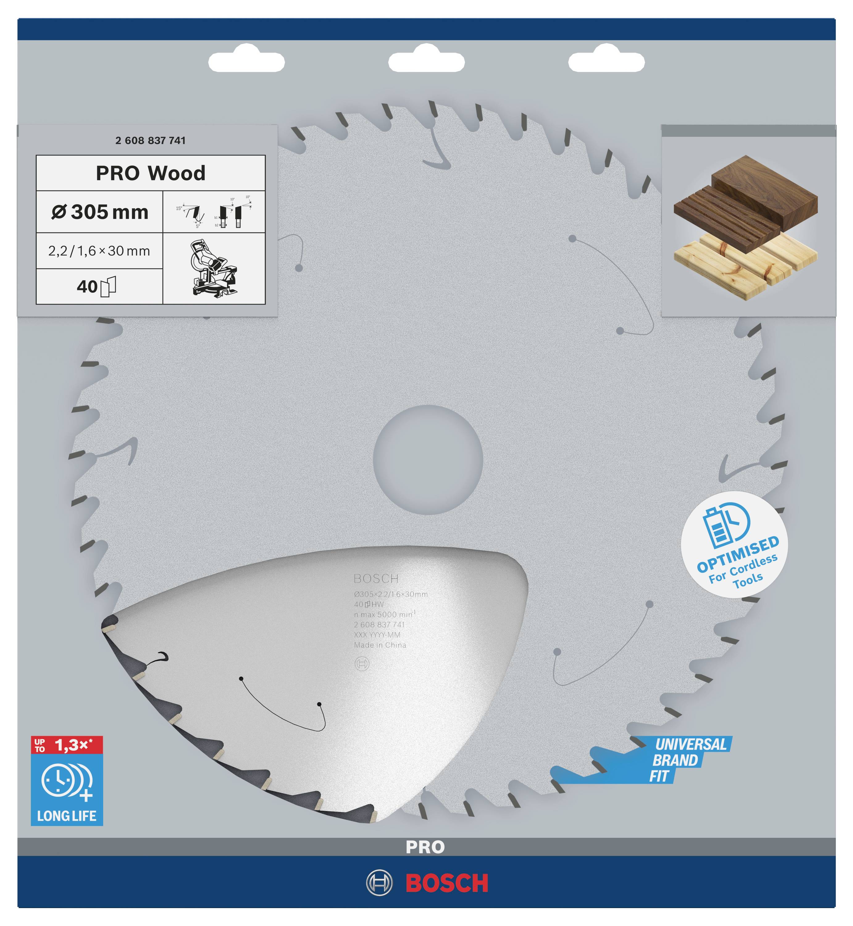 Kreissägeblatt 'PRO Wood' mit 305 mm Durchmesser, geeignet für Holz. Verpackung zeigt Schnitt in Holzstücken. Marke Bosch.
