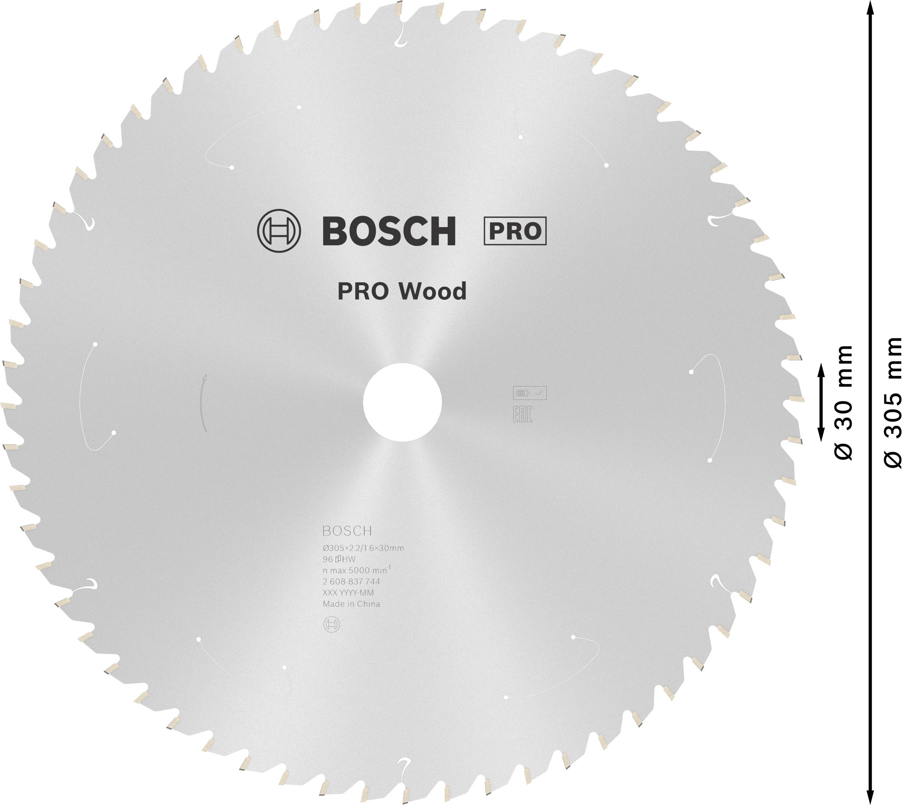 Rundes Bosch 'Pro Wood' Sägeblatt, 305 mm Durchmesser, 30 mm Bohrung, silberfarben mit scharfen Zähnen, für Holzarbeiten geeignet.