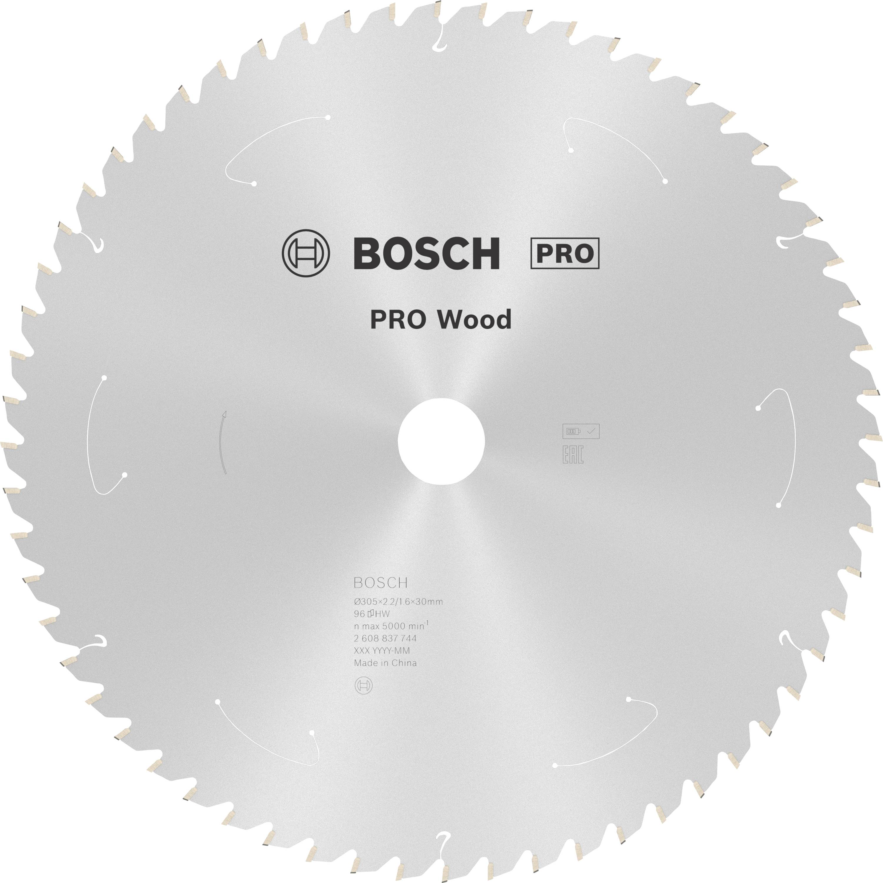 Kreissägeblatt mit der Aufschrift 'BOSCH PRO Wood', Stahlscheibe mit scharfen Zähnen, geeignet für Holzarbeiten.