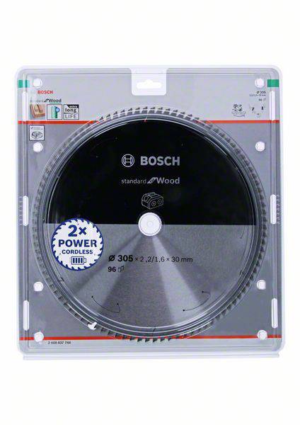 Verpackung einer grauen Kreissägeklinge von Bosch, Durchmesser 305 mm, für Holz. Beschriftet mit '2x Power Cordless'.