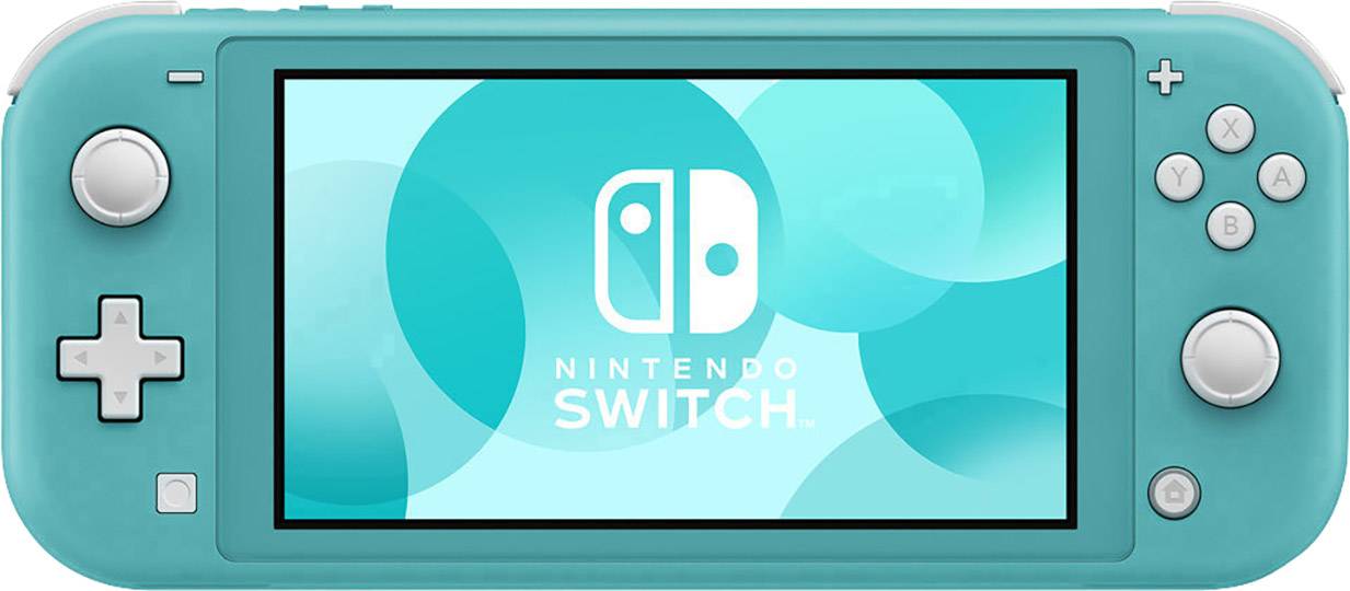 Eine türkisfarbene tragbare Spielkonsole, Nintendo Switch Lite, mit weißen Tasten und einem zentralen Bildschirm, der das Logo zeigt.
