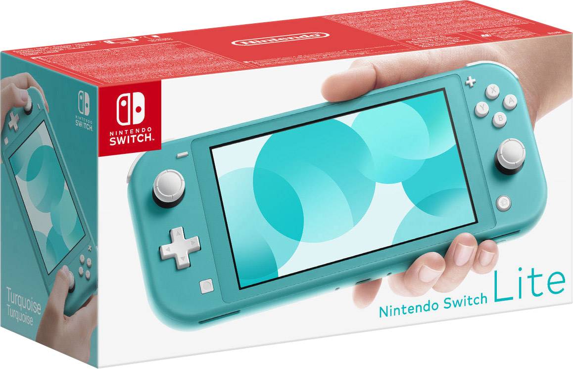 Eine Hand hält eine türkisfarbene Nintendo Switch Lite. Verpackung zeigt das Gerät und das Nintendo-Logo.