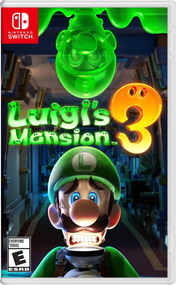Cover von 'Luigi's Mansion 3' für Nintendo Switch. Luigi schaut ängstlich in einer düsteren, von Geistern befallenen Villa.