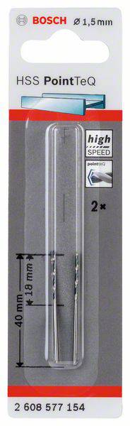 Verpackung mit zwei HSS PointTeQ Metallbohrern von Bosch. Durchmesser: 1,5 mm, Länge: 40 mm. Geeignet für schnelles Bohren.