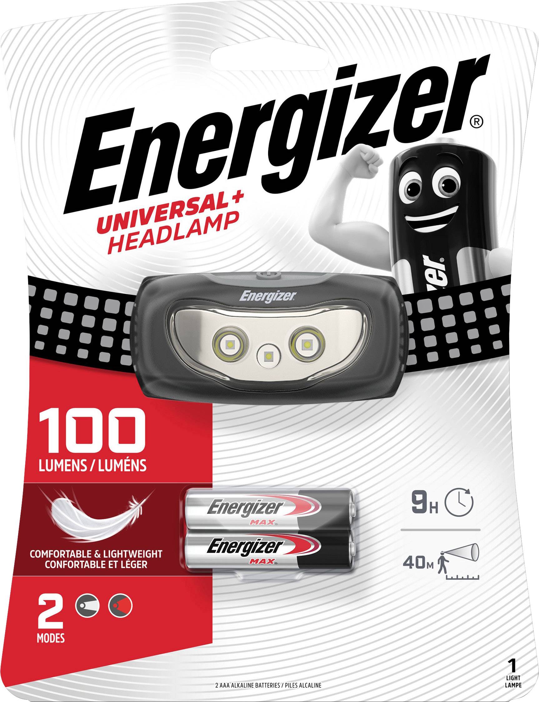 Energizer Stirnlampe auf Verpackung, zeigt zwei Leuchten, Batterien, 100 Lumen, 9 Stunden Laufzeit, Reichweite 40 Meter.