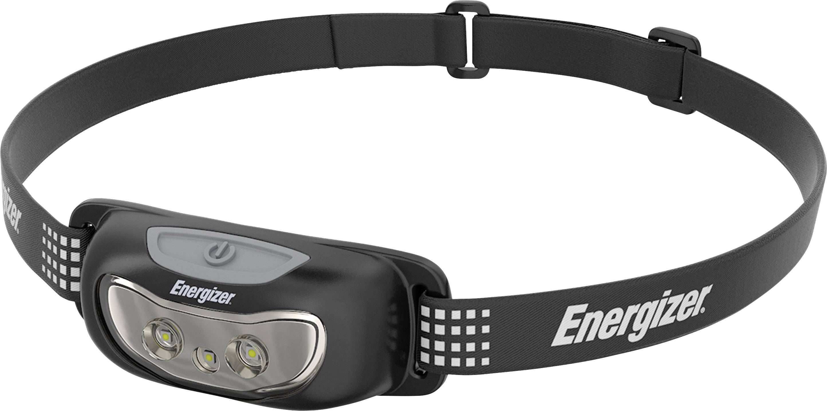 Schwarze Stirnlampe mit verstellbarem Riemen, zwei LED-Leuchten und Energiesparfunktion von Energizer.