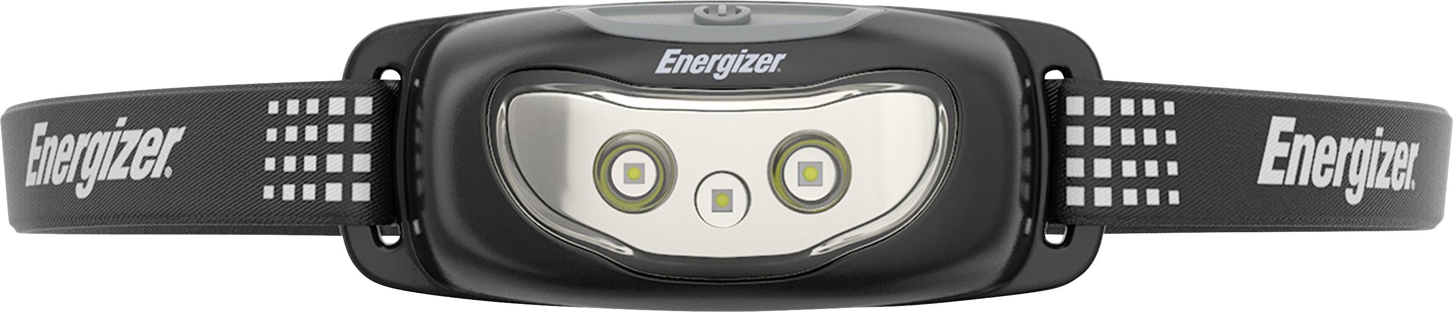 Eine schwarze Stirnlampe mit verstellbarem Band und der Aufschrift 'Energizer'. Die Lampe hat zwei LEDs und einen zentralen Knopf.