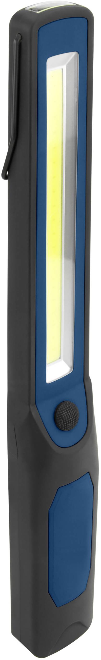 Eine tragbare, längliche Taschenlampe mit einem länglichen Leuchtbereich und einem blauen Gehäuse. Geeignet für den mobilen Einsatz.