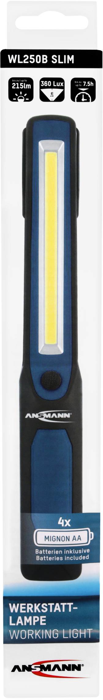 Eine schmale, wiederaufladbare Werkstattlampe von Ansmann, Modell WL250B Slim, in schwarz-blauer Farbe, ideal für präzise Arbeiten.