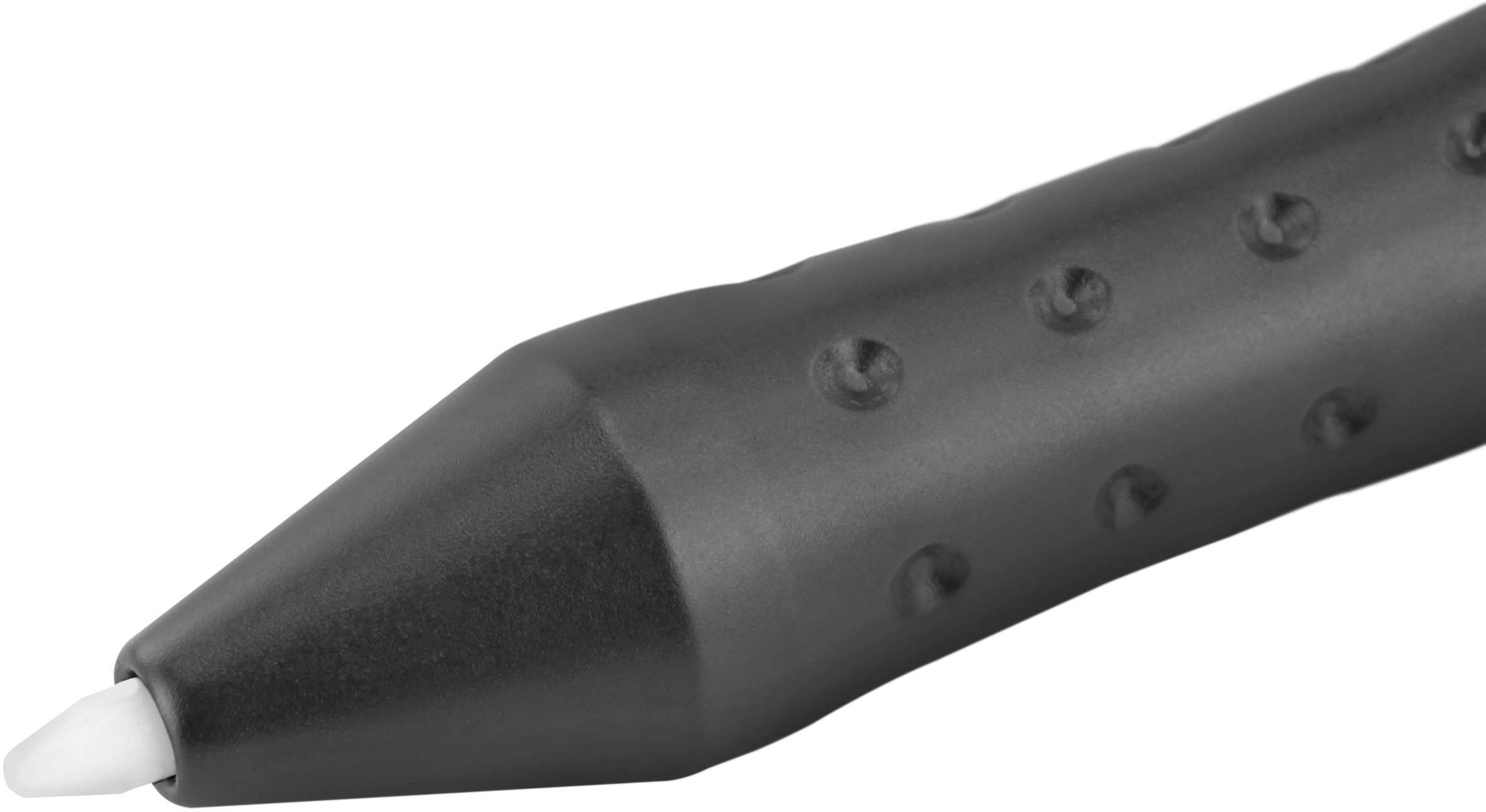 Ein schwarzer Stift mit weißer Spitze und strukturiertem Griff.