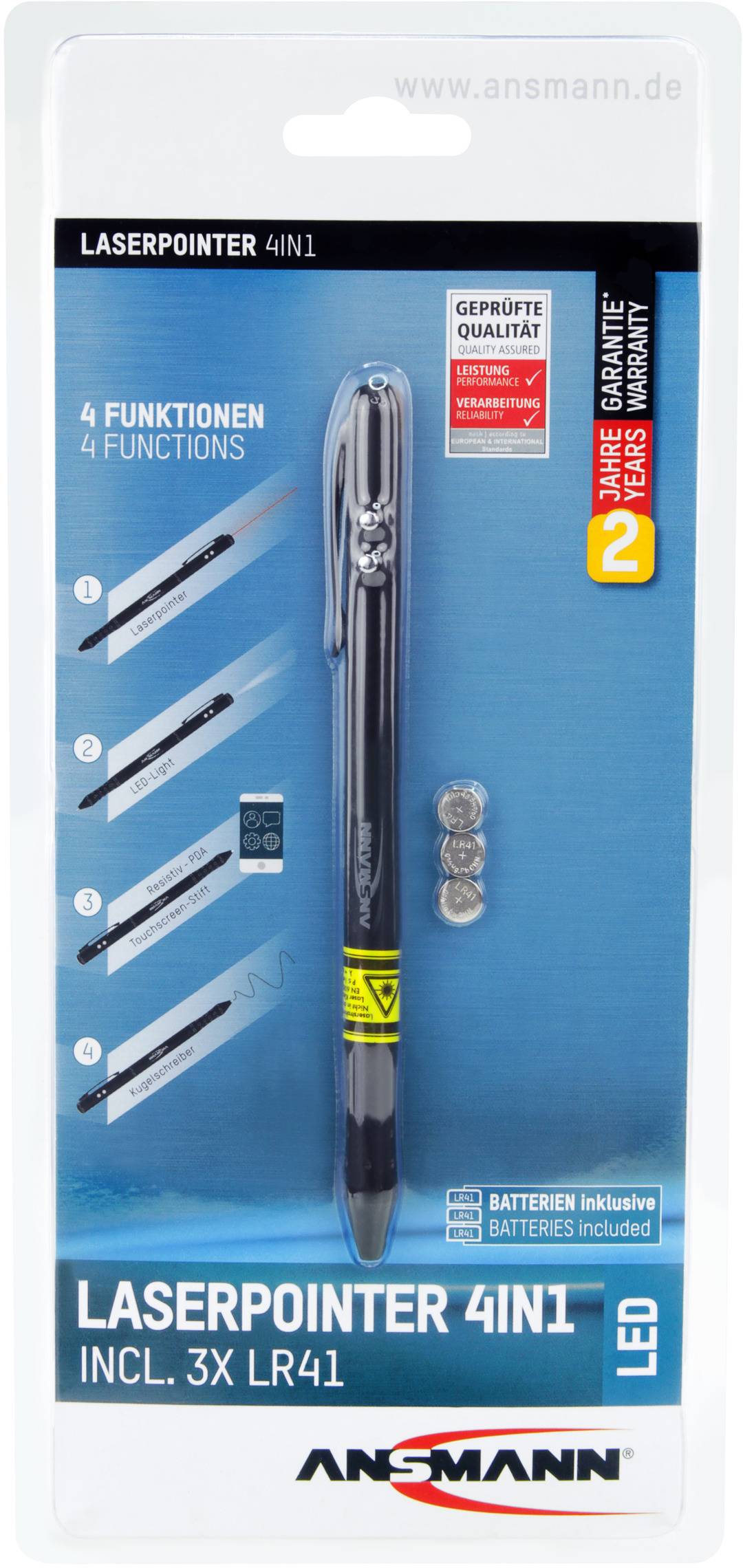 'Laserpointer 4in1' in Verpackung; Funktionen: Taschenlampe, UV-Licht, Laser, Kugelschreiber. Enthält 3 LR41-Batterien.