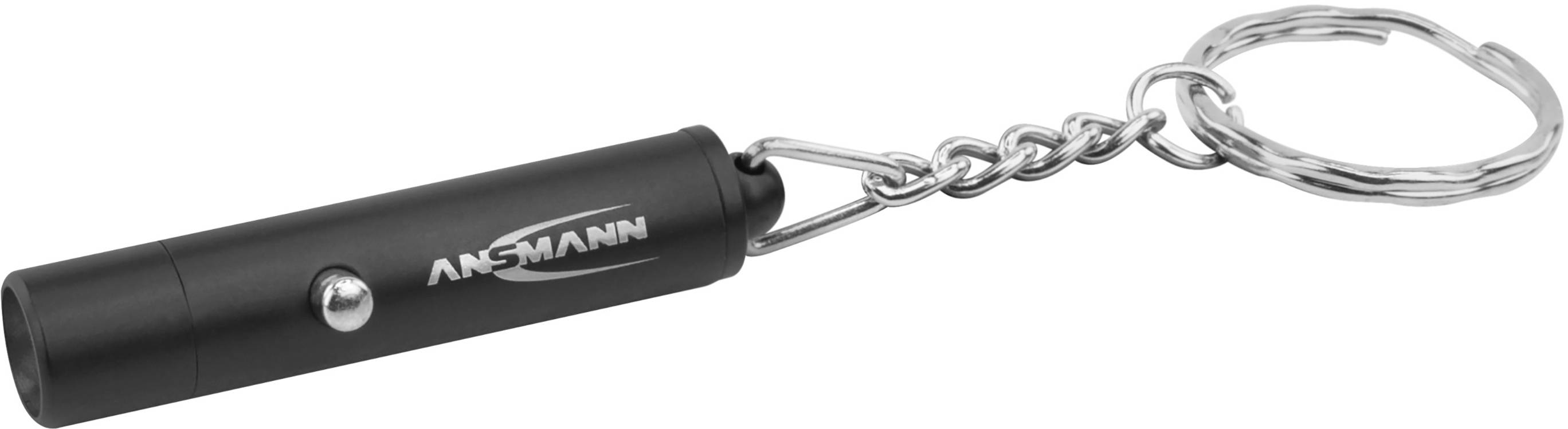 Kleiner, schwarzer Laserpointer mit Kettenschlüsselanhänger. Markenname 'ANSMANN' aufgedruckt.