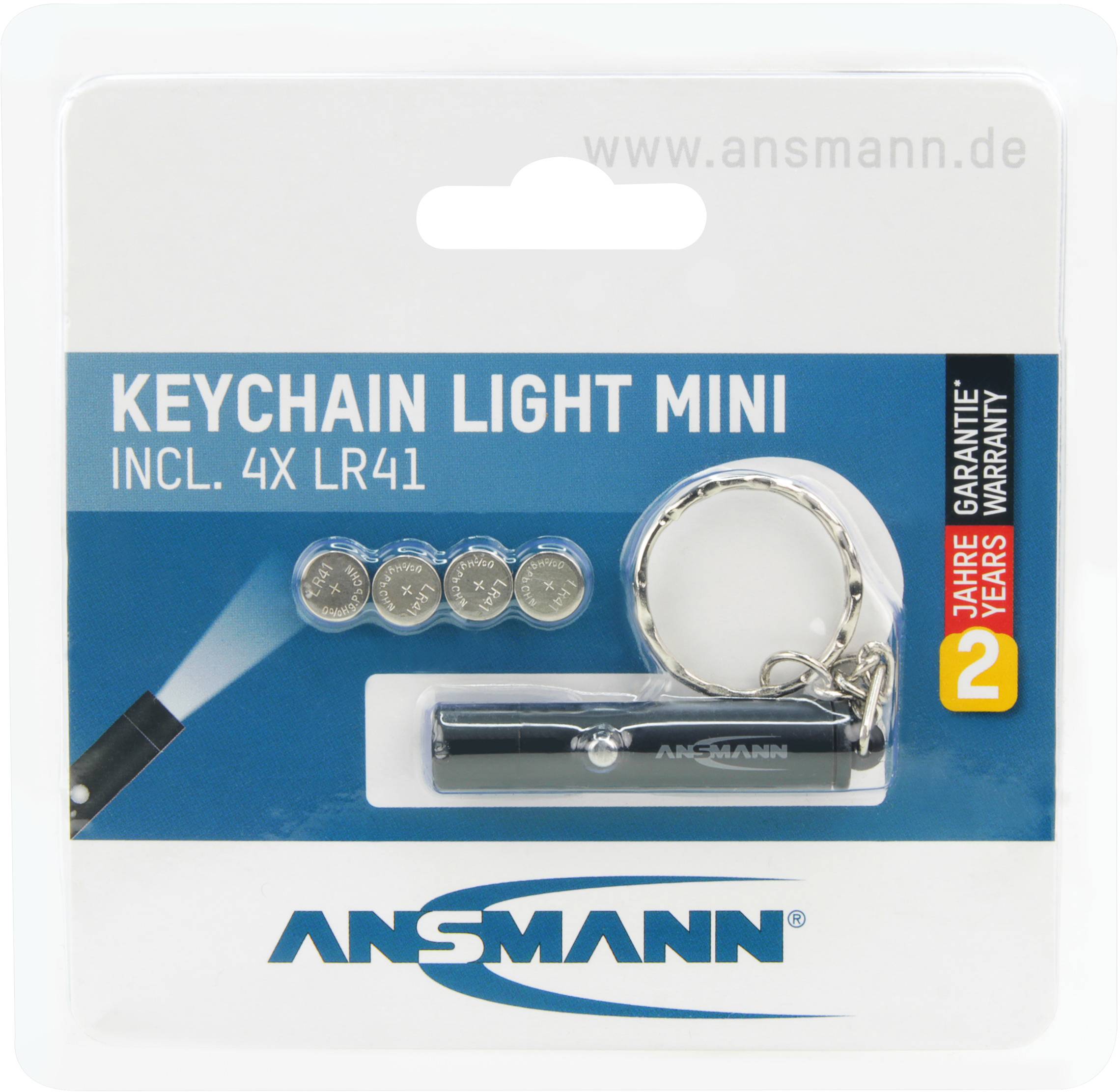 Eine kleine Schlüsselbund-Taschenlampe der Marke Ansmann, inklusive 4 LR41-Batterien. Verpackung zeigt die Garantie von 2 Jahren.