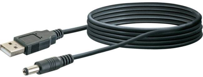 Ein USB-Ladekabel, aufgerollt, mit einem USB-Stecker auf der einen Seite und einem Rundstecker auf der anderen Seite.