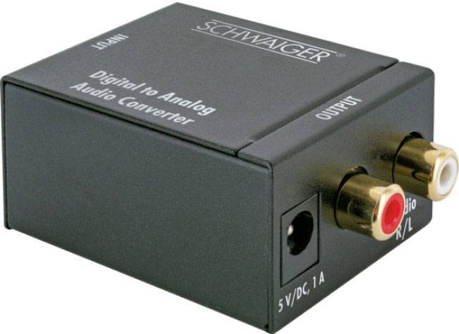 'Schwaiger Digital-zu-Analog-Audiokonverter', mit RCA-Ausgängen und einem Eingang für 5V/DC, 1A Stromversorgung.
