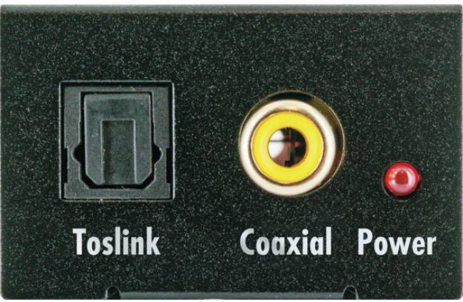 Anschlüsse auf einer Audio-Einheit: optischer Toslink, koaxialer Anschluss und Power-LED-Anzeige.