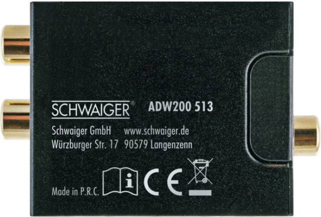 Schwarzer Antennenadapter von Schwaiger mit Modellnummer ADW200 513. Zeigt Firmenadresse, Webseite und 'Made in P.R.C.'.