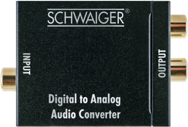 'Digital to Analog Audio Converter' von Schwaiger, zeigt Eingangs- und Ausgangsanschlüsse.