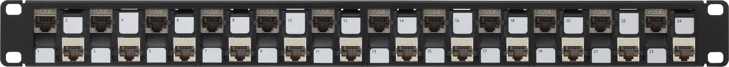 Ein schwarzes Patchpanel mit 24 RJ45-Anschlüssen. Jeder Anschluss hat eine Etikettierungsfläche zur einfachen Identifikation.