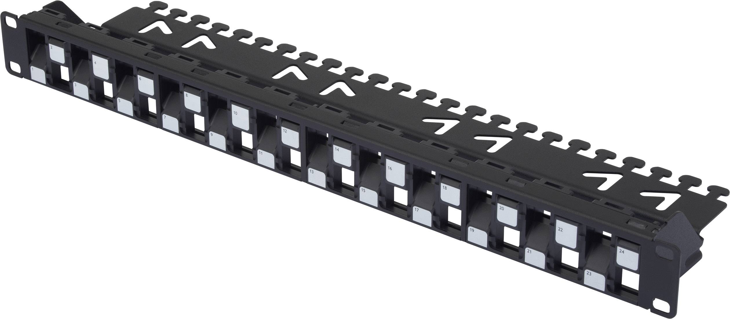 Patchpanel mit 24 Ports zur Kabelorganisation in Netzwerkracks, geeignet zur Verbindung und Verwaltung von Ethernet-Kabeln.