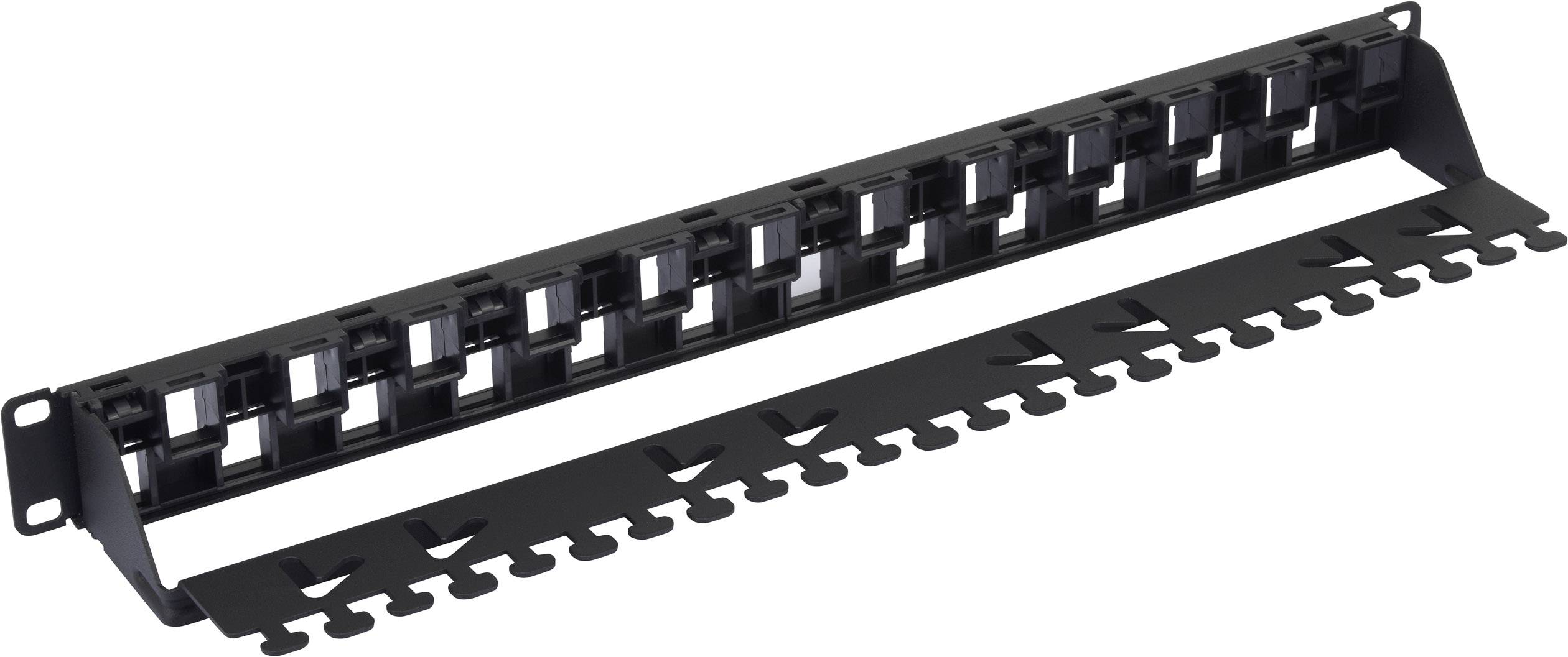 Ein leeres Patchpanel aus Metall mit mehreren Ports zur Verwaltung und Organisation von Netzwerkverbindungen in einem Serverraum.