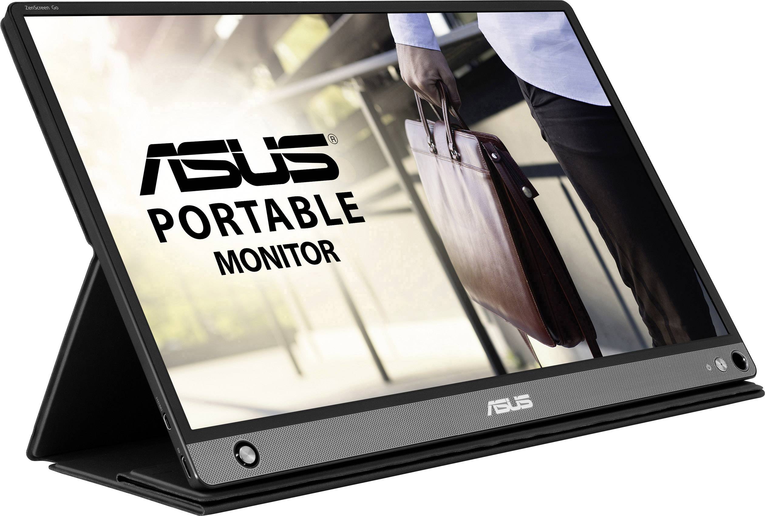 Ein tragbarer Monitor von Asus wird gezeigt; auf dem Bildschirm ist das Asus-Logo und der Text 'Portable Monitor' zu sehen.